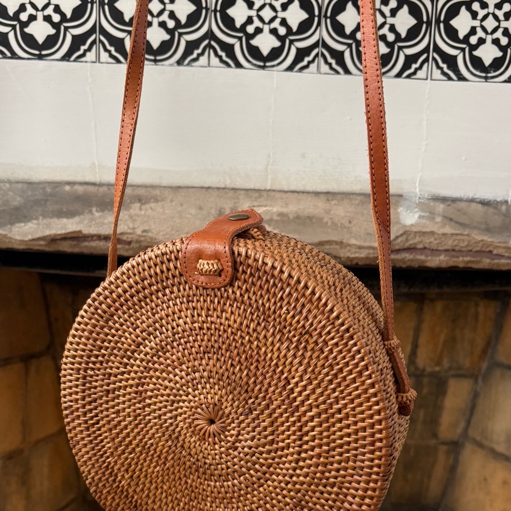 Brown Woven Round Crossbody Bag